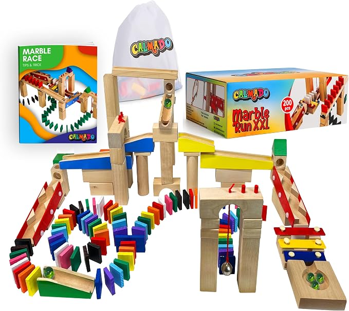 Calmado - 200 pcs Marble Run Wooden Set/Ball Track Set for Kids/Girls/Boys Made of Beech Wood + Bag + Instructions