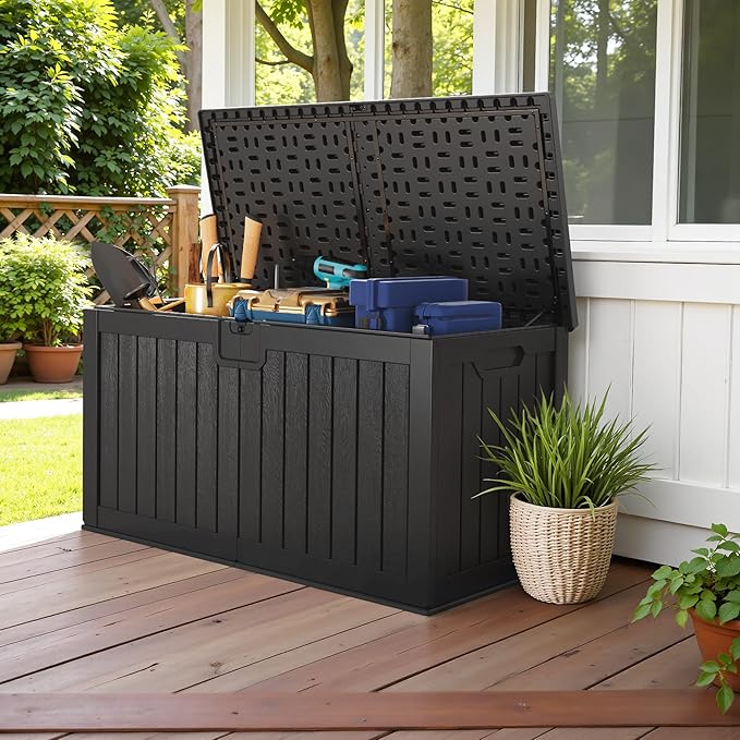 Devoko 240 Gallon Double-Wall Deck Box with Divider, Side Handles, Resin Outdoor Large Storage Box Waterproof and Lockable for Patio Furniture, Garden, Pool (Black)