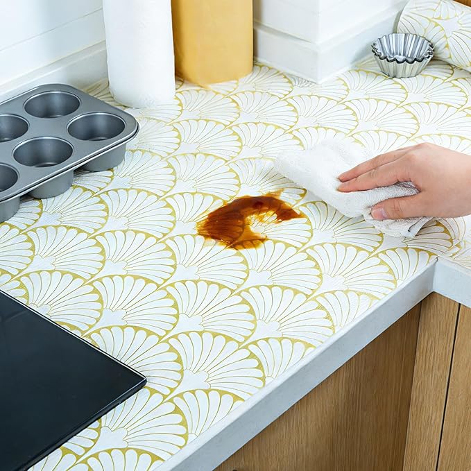 Shelf Liners Non Adhesive Gold Background White Fan-Shaped Pattern - Thickened Non-Slip Easy to Clean Drawer Liner for Kitchen Cabinets, Tool Box,Refrigerator,with Knife & Tape Measure,17in x 30FT.