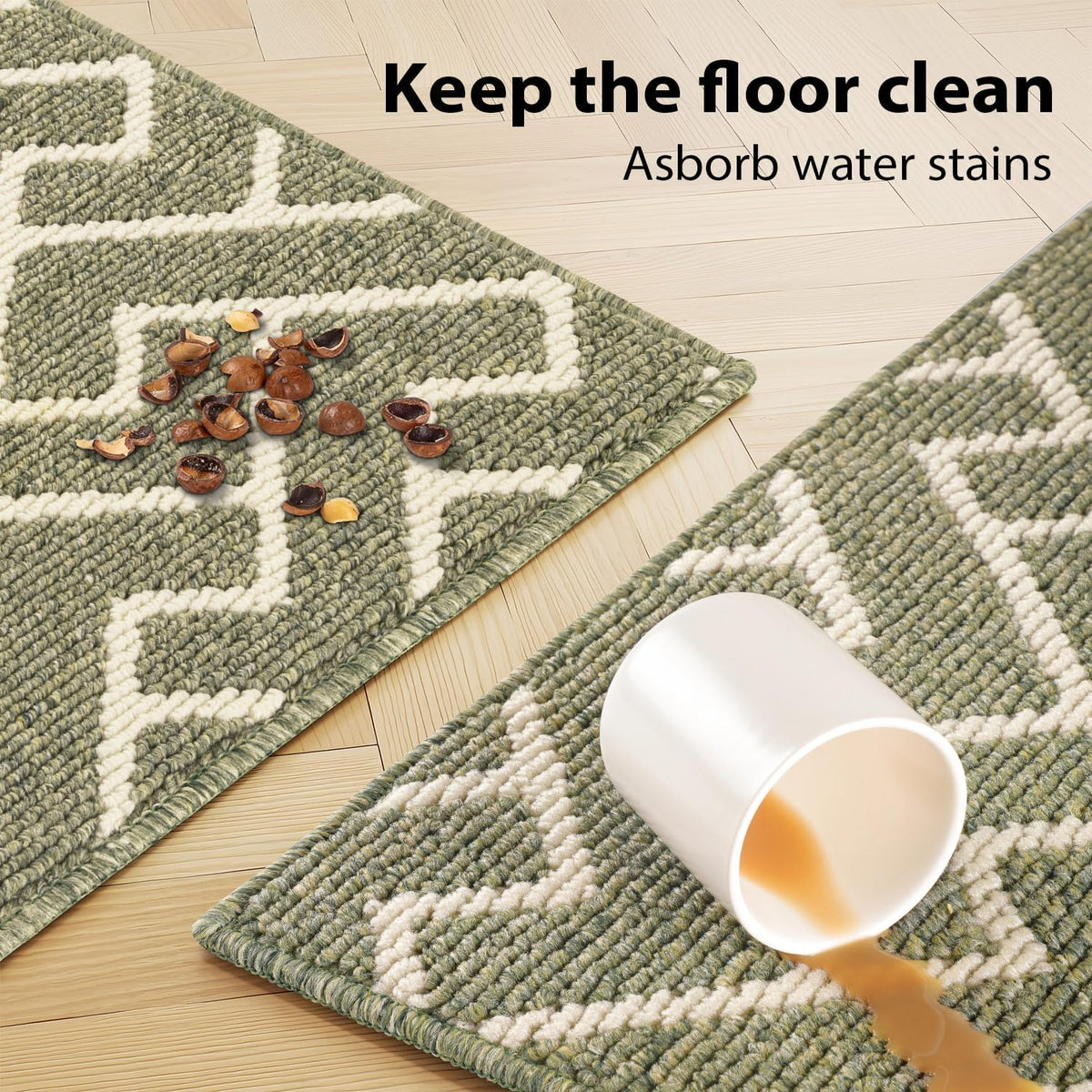 hicorfe Kitchen Rugs and Mats Sets,Non-Slip 2 Pieces Absorbent 100% Polypropylene Rug,Comfort Kitchen Runner Mat,Washable for Kitchen,Sink,Laundry(20" x 31.5" Plus 20" x 59",Green)