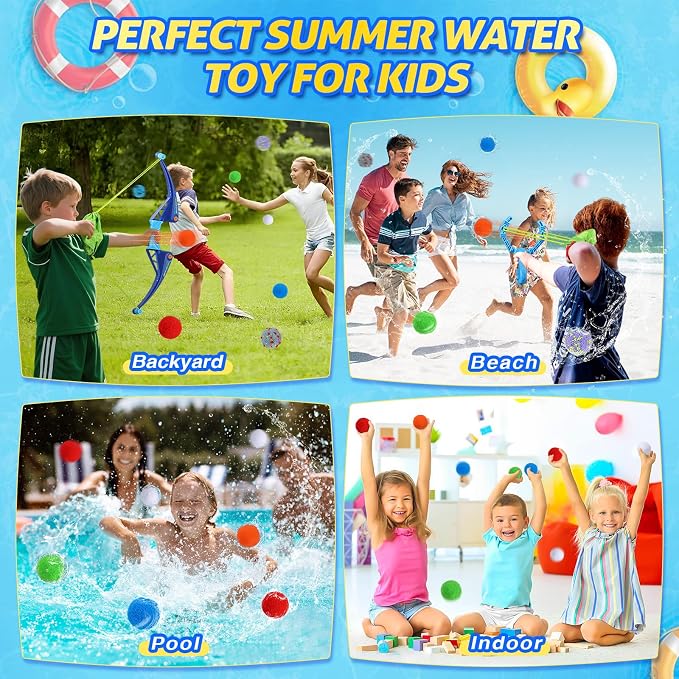 SUPER JOY Reusable Water Balls Water Toys for Kids, 2 PCS Water Balloons Slingshot Launcher 2 PCS Bow Launcher With 24 Colorful Water Balls for Outdoor Toys, Summer Water Bomb Toy for Boys Girls