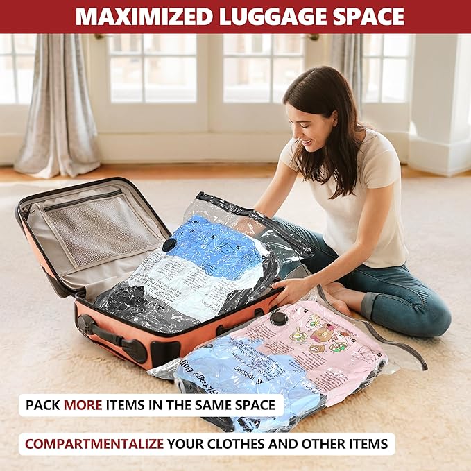 SUOCO Travel Vacuum Bags for Luggage with Portable Electric Pump, 8 Combo (2L/3M/3S) Packing Seal Bags for Clothing Suitcase Backpack, Space Saver Compression Clothes Storage Bags