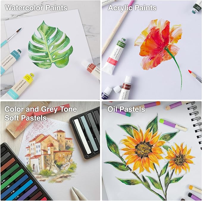 COLOUR BLOCK 181-Piece Mixed Media Art Set in PU Leather Case for Drawing Sketching Painting, Soft Oil Pastels, Acrylic Watercolor Paints, Pencils, Art Supplies Kit for Artists, Professional, Adults, Beginner