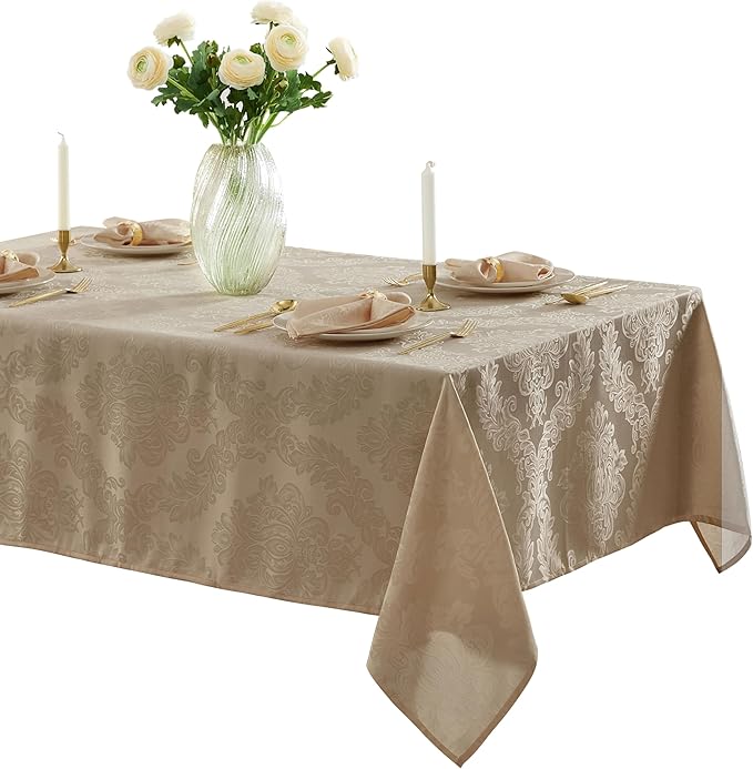 Newbridge Barcelona Luxury Damask Fabric Tablecloth, 70” Extra Wide x 168” Rectangle, Golden Beige, 100% Polyester, No Iron, Soil Resistant Dining Room, Party and Banquet Table Cover