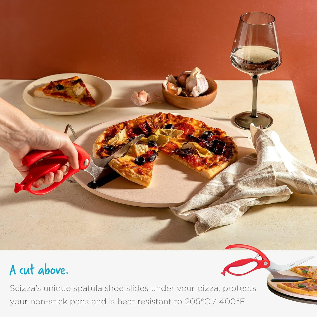 Dreamfarm Scizza 2-In-1 Easy Ergonomic Pizza Scissors with Stainless Steel Pizza Cutter Blades & Non-Stick Slice Server - Red