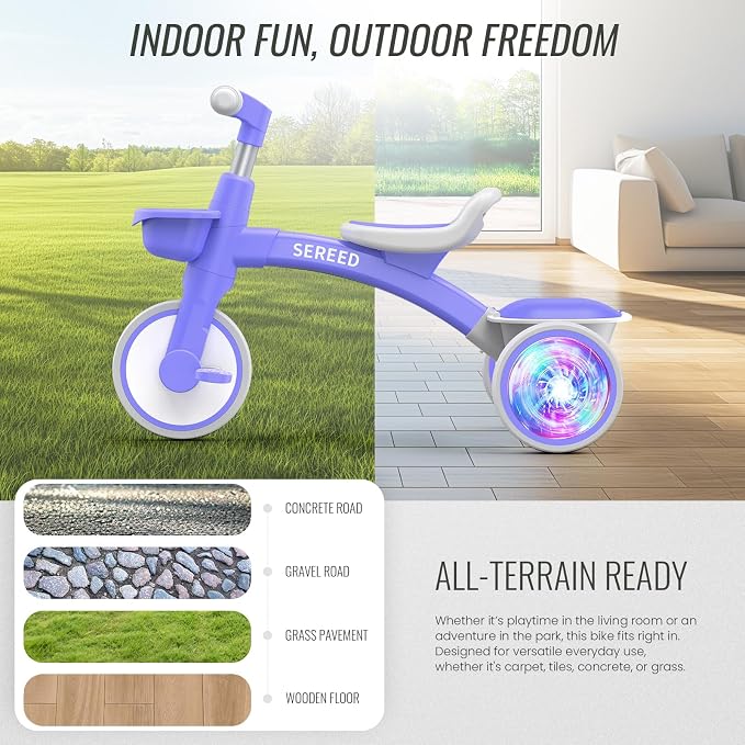 SEREED Colorful Lighting Toddler Tricycle for 2-5 Years Old Boys Girls, Adjustable Seat&Handlebar Trike, Removable Basket, Birthday Gift Idea for Kids Ages 2+ (Purple)