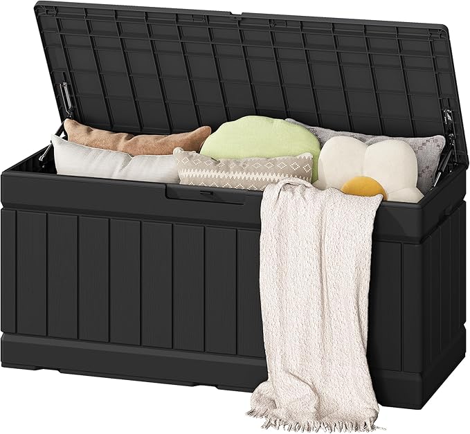 Flamaker Outdoor Storage Box 80 Gallon Resin Waterproof Deck Box Delivery Box with Wood Texture Large Storage Bin for Patio Cushions (Black)