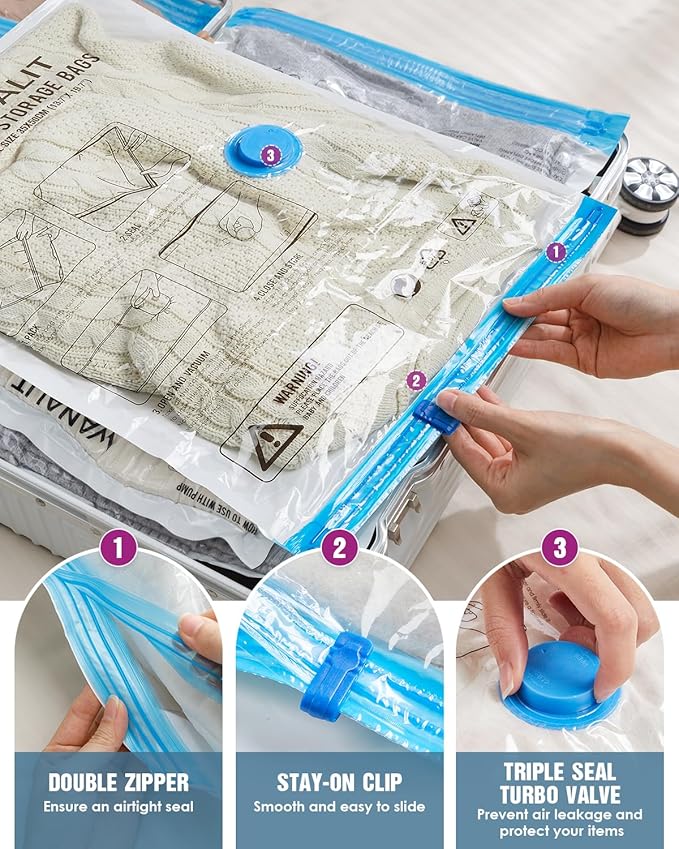 Vacuum Storage Bags for Travel, 24 Pack (6L+6M+6S+6XS) Vacuum Seal Bags with Wireless Rechargeable Electric Pump, Travel Essentials Space Saving Bag for Clothes, Luggage, Carry-on Suitcase, Backpack