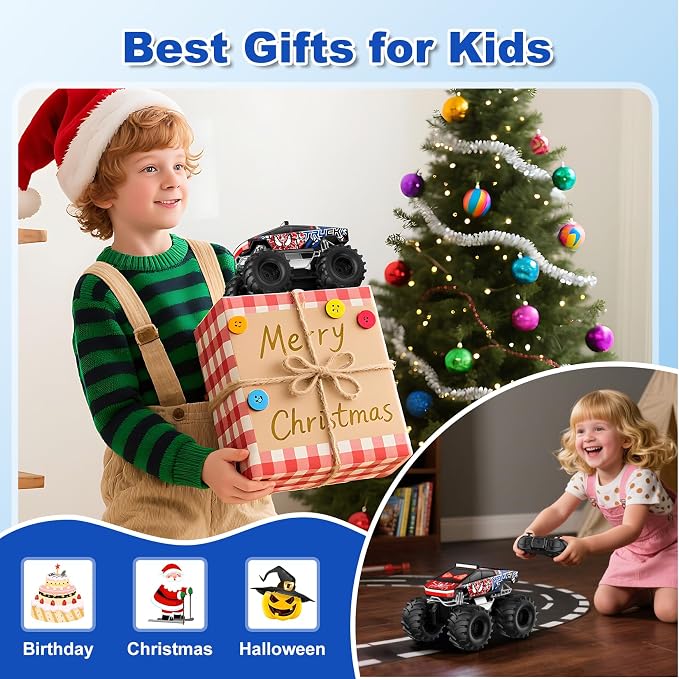 TOZDTO Remote Control Car, Monster Truck Toys for Boys RC Cars, 2.4 GHz Waterproof RC Trucks, 1:18 4WD All Terrain Off-Road Pickup, Cool Christmas Birthday Ideas Gifts for Kids 6+ Year Old