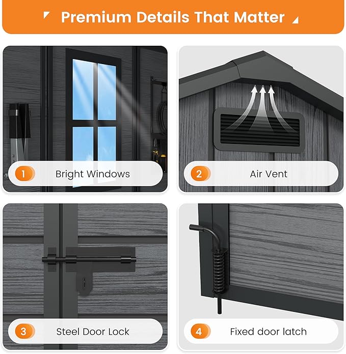 UDPATIO 8 x 8 FT Resin Storage Shed, Plastic Outdoor Storage Shed Clearance Sheds with Floor Included Solitude Cottage Shed She Sheds Garden Tool Shed with Lockable Door for Backyard, Patio, Dark Grey