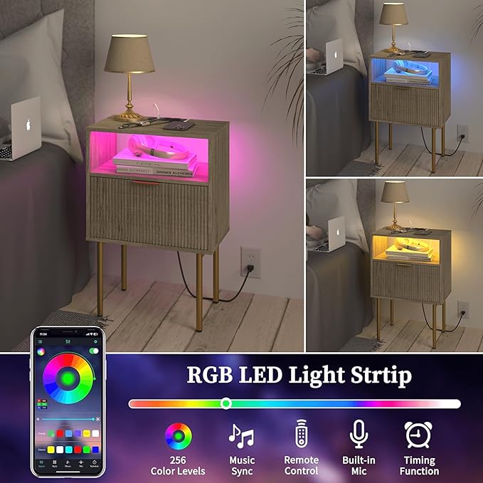 Modern Nightstand with Charging Station and LED Lights, White Bedside Table with Drawer, Fluted Side Table for Living Room, Bedroom