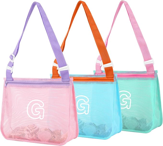 3Pcs Personalized Kids Beach Shell Bag, Initial Seashell Mesh Zipper Beach Pouch, Shell Collecting Bag for Holding Shells with Adjustable Straps, Sand Toys Swim Pouch Gift for Girl Boy Teens(Letter G)