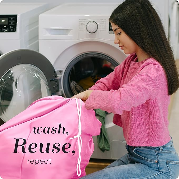 Nylon Laundry Bag - Locking Drawstring Closure and Machine Washable. These Bags will Fit a Laundry Basket or Hamper and Strong Enough to Carry up to Three Loads of Clothes. (Pink)