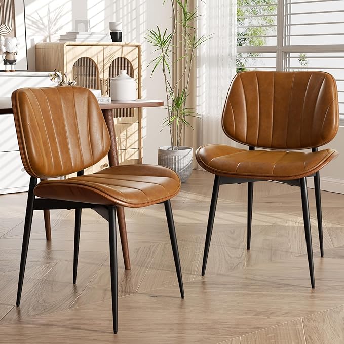Dining Chairs Set of 2, Mid Century Modern Dining Room Chair, Upholstered Faux Leather Kitchen Chairs with Walnut Bentwood Back and Metal Legs for Kitchen Dining Room Living Room, Brown