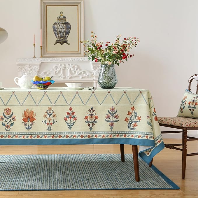 ISAENNE Designer Linen Floral Table Cloth for Rectangle Table,Light Green Farmhouse Durable Tablecloth,Washable Decor Tablecloths for Dining Kitchen Thanksgiving Christmas,55"*79"-Floralsea B