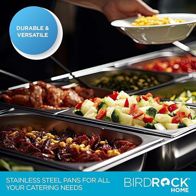 BIRDROCK HOME Stainless Steel Steam Table Pan - Hotel, Restaurant & Catering Supplies - 24 Gauge Steel, 21.3 qt Capacity - Meal Prep, Cooking, & Food Storage Container - 6" Depth, Full-Size (6 Pack)