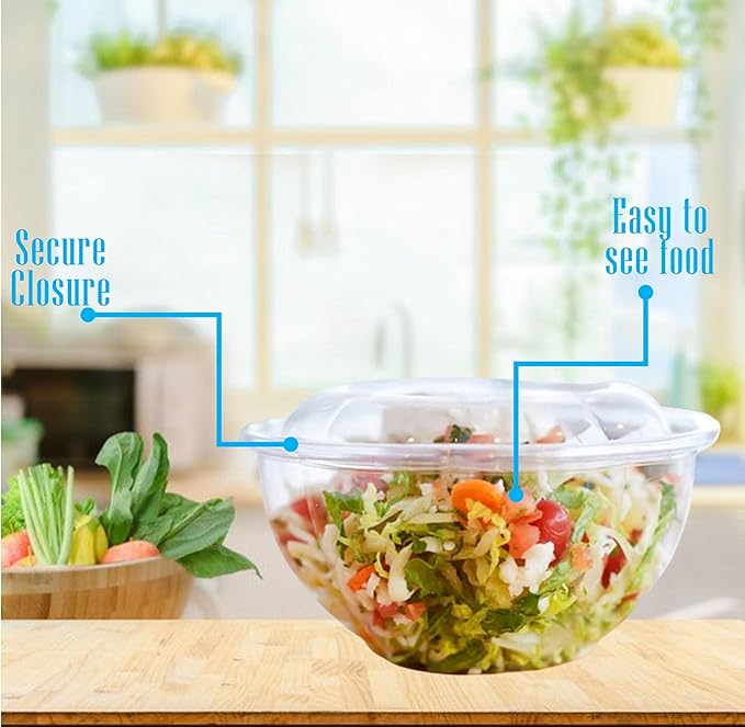 Mr Miracle Clear 32 Ounce Plastic Salad Bowls with Snap-On Lids. Pack 50. Airtight Disposable Salad Containers for Lunch, Meal Prep, Parties. Ideal as Disposable Salad Bowls with Lids