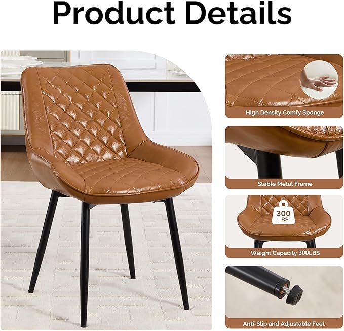Dining Chair Set of 8, Modern Dining Chairs with Thick Cushions, Faux Leather Upholstered Kitchen Dining Room Chairs with Metal Adjustable Legs for Dining Living Room, Brown