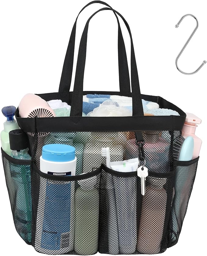 F-color Mesh Shower Caddy Portable, 8.3" Deeper Pockets Large Shower Caddy Bathroom Caddy for College Dorm Room Bathroom Essentials, 2 Handles Shower Bag Tote for Gym Rv, Camp with S Hook, Black