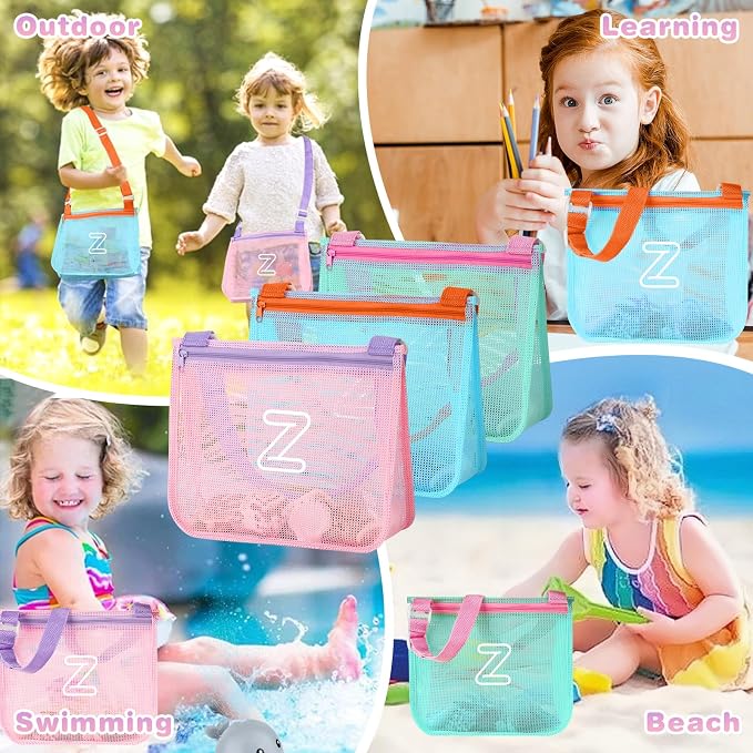 3Pcs Personalized Kids Beach Shell Bag, Initial Seashell Mesh Zipper Beach Pouch, Shell Collecting Bag for Holding Shells with Adjustable Straps, Sand Toys Swim Pouch Gift for Girl Boy Teens(Letter Z)