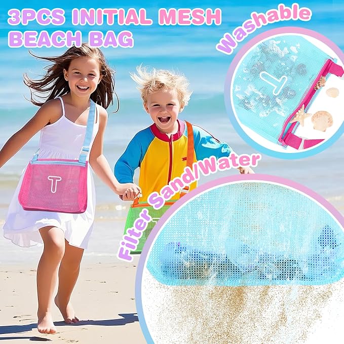 3Pcs Personalized Kids Beach Shell Bag, Initial Seashell Mesh Zipper Beach Pouch, Shell Collecting Bag for Holding Shells with Adjustable Straps, Sand Toys Swim Pouch Gift for Girl Boy Teens(Letter T)