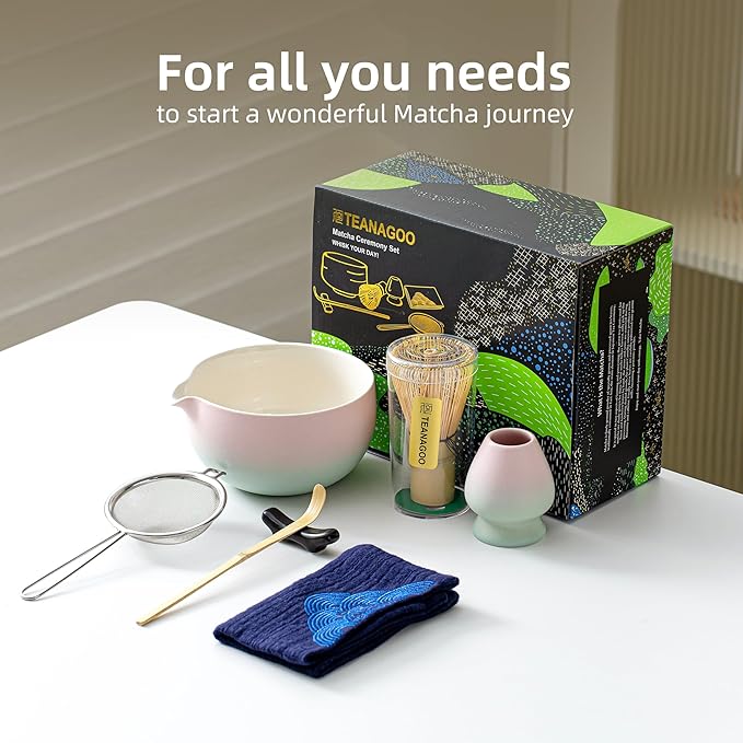 TEANAGOO Matcha Whisk Set Pink,Ceremony Matcha Set Kit Grident Pink,Matcha Tea Set for Making Breakfast/Latte,7 Pcs Matcha Whisk Set and Bowl with All Accessories,Gift for Family/Friend