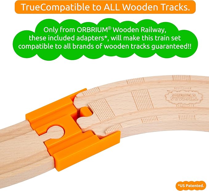 Wooden Train Tracks 68 Piece Expansion Pack Accessories with Arched Bridge, Engine Barge, Dock, Stop & Go Checkpoint, Signal Pole, Cross Track Compatible with Thomas, Brio Wooden Railways ORBRIUM