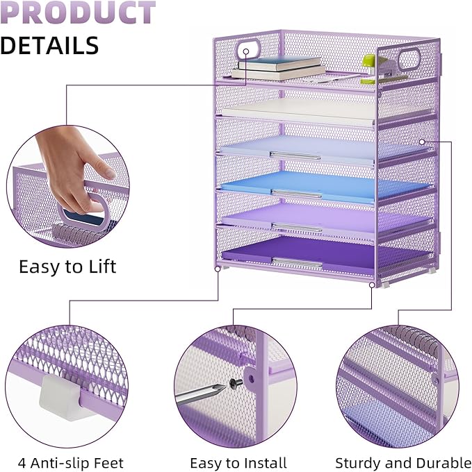 Marbrasse 2 Pack Desk Organizer with Handle, 6 Tier Paper Letter Tray, Mesh Desk File Organizer for Office, School and Home - Purple