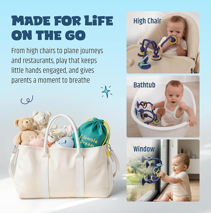 Jumble Jangle Baby Teething Toys – BPA-Free, Multi Purpose High Chair Toys & Sensory Toys for Kids with Autism: Suction Teething Relief with Sensory Toy Textures for Infants & Toddlers (Dark)