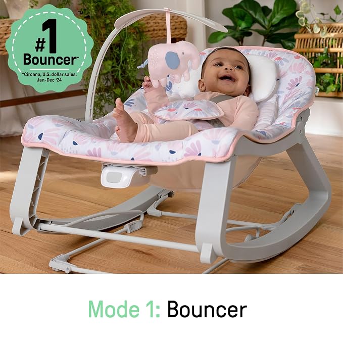 Ingenuity Keep Cozy 3-in-1 Grow with Me Vibrating Baby Bouncer Seat & Infant to Toddler Rocker, Vibrations & -Toy Bar, 0-30 Months Up to 40 lbs (Pink Burst)