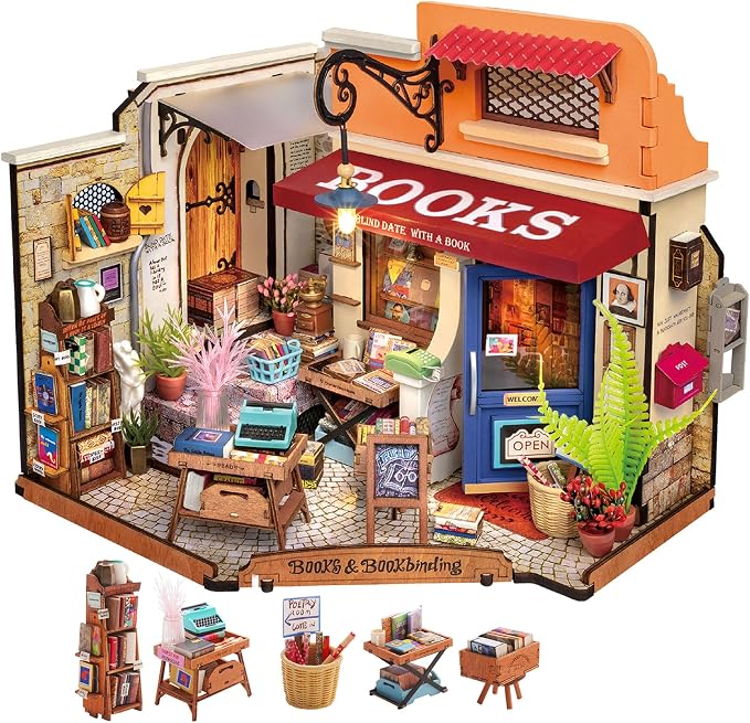 Rolife DIY Miniature House Kit 1:20 Scale Bookstore, Build Mini House Building Kit with LED Lights Craft Kits for Aduls Gifts for Him Her