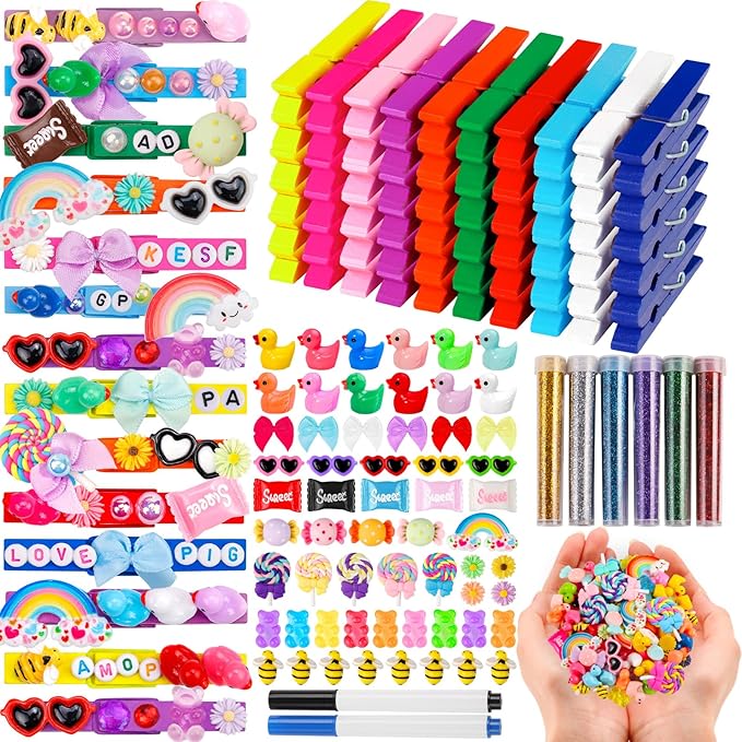 80 Set Cheer Pins Spirit Clips Clothes Wooden Pins for Backpacks Include 90 Mini Resin Animals 30 Mini Bows 500 Beads Cheer Clothespins Decorations Ribbon Team Classroom Cheer Gifts Bulk（Colorful）