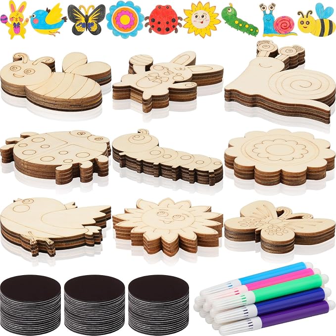 Blueweenly 36 Sets DIY Wooden Magnets Craft Kits for Kids Wooden Supplies Craft Painting Kit for Kids Activities Party Favors for Boys Girls Easter Basket Stuffers Birthday Party Gifts (Spring)