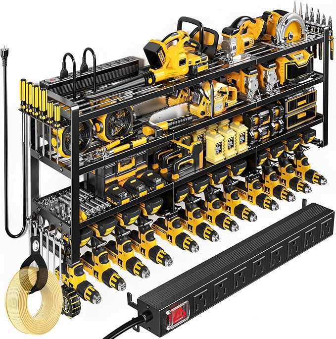 49.5" W Large Power Tool Organizer Wall Mount with Charging Station, 4 Tier Heavy Duty 12 Cordless Drills Holder Load 800 lb, Tool Battery Storage Rack Built in 8 Outlet Power Strip for Garage