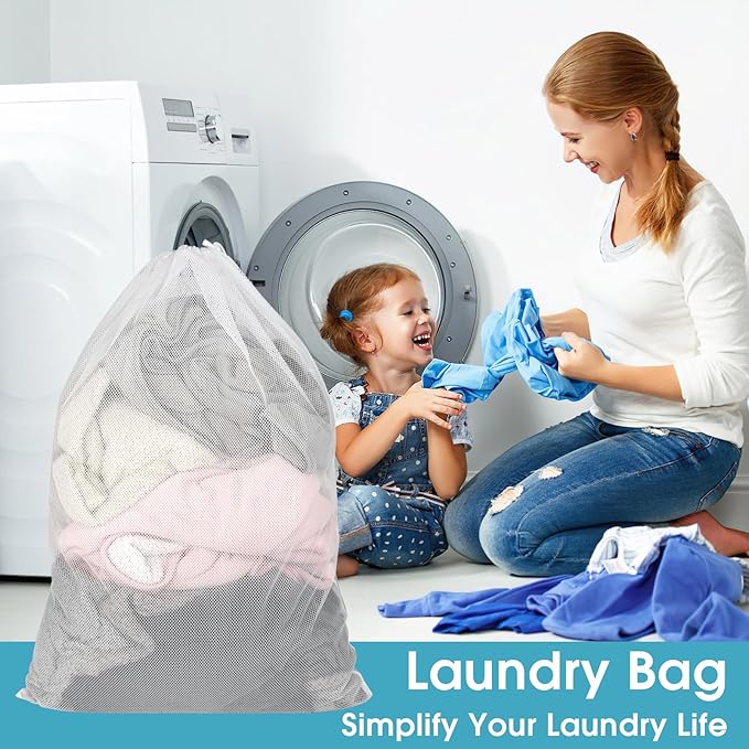 2 Pack Mesh Laundry Bags, 23 x 34 Inches Heavy Duty Mesh Laundry Bag, Large Laundry Drawstring Bag for College, Dorm, Travel, Family and Apartment Dwellers, White