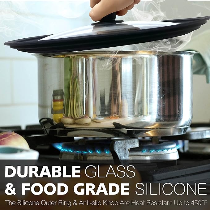 Anaeat Silicone Universal Lid for Pots, Pans and Skillets - Tempered Glass Covered with Heat Resistant Silicone Rim Fits All 7" to 12" Diameter Cookware -Easy to Use Replacement Frying Pan Cover