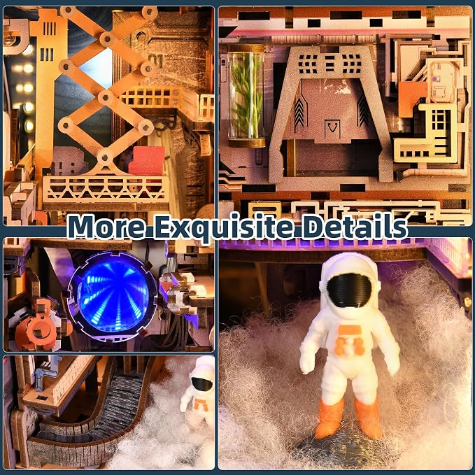 CCCDF DIY Miniature Dollhouse Book Nook Kit - 3D Wooden Puzzle Space Theme Tiny House, Bookshelf Decor with LED Lights, Creative Gift for Adults, Teens & Miniature Enthusiasts (Aerospace Foundry)