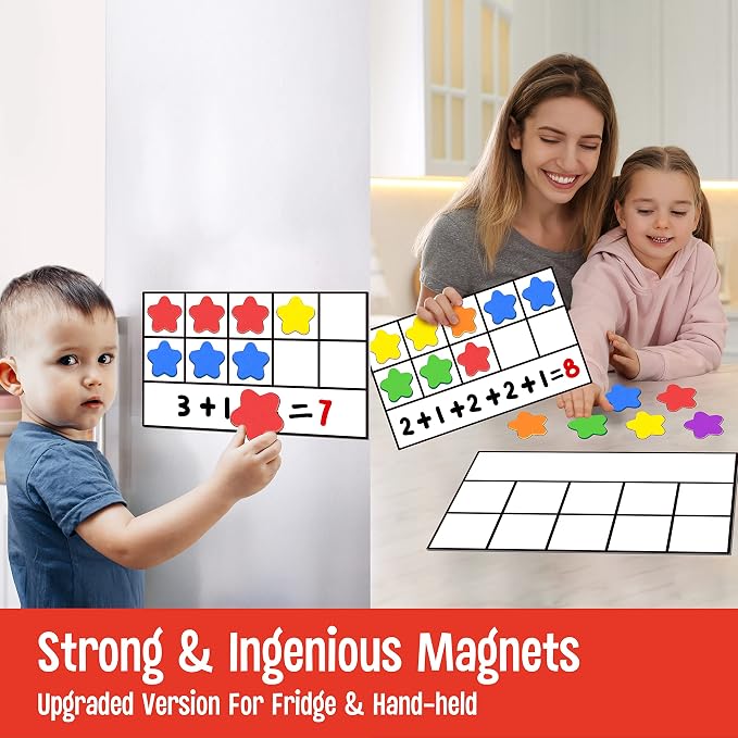 Magnetic Ten-Frame Set, 6 Frames & 66 Colorful Star-Shaped Counters Ten Frame Math Games Manipulative Counting Toys for Kindergarten Preschool, 6 Colors & 2 Markers (Fridge & Hand-held)