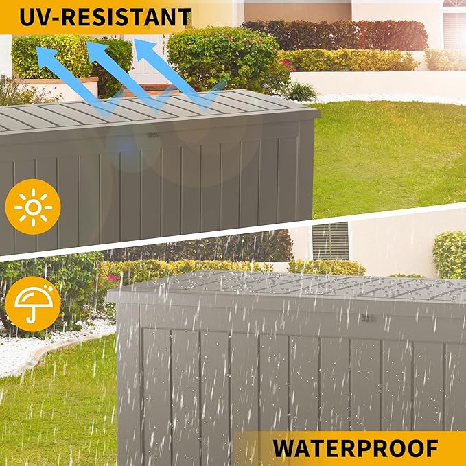 Outdoor Storage Deck Box Waterproof,80 Gallon Lockable Patio Package Delivery Bin as Seat, Resin Storage Container Bench for Furniture Cushions, Pool Accessories, Garden Tools, Grey