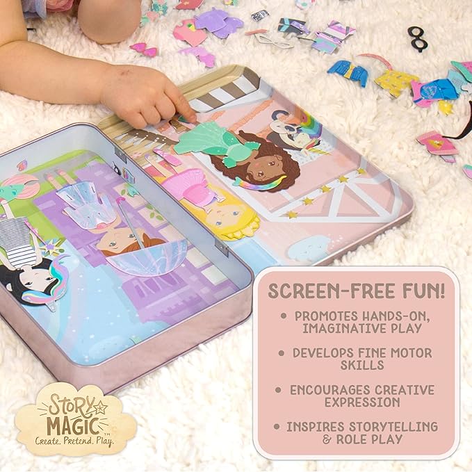 Story Magic Dress-Up Dolls Playset, Pretend Play Magnetic Case, Magnet Outfit and Accessory Pieces, Great for Travel or Playdates, Magnetic On The Go Activity Set for Ages 4, 5, 6, 7 , Pink