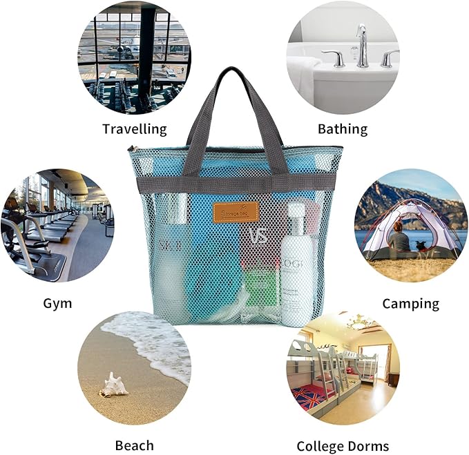 Mesh Shower Caddy Bag Portable Hanging Toiletry and Bath Organizer with Zipper for Travel, Gym, Camping, College Dorms, Beach