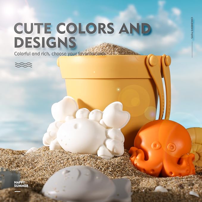 MarcZero 11Pcs Silicone Beach Toys,Modern Baby Beach Toys,Travel Friendly Beach Set,Eco Friendly Toy,Silicone Bucket, Shovel, 8 Sand Molds, Beach Bag,Silicone Sand Toys for Toddlers, Kids (Yellow)