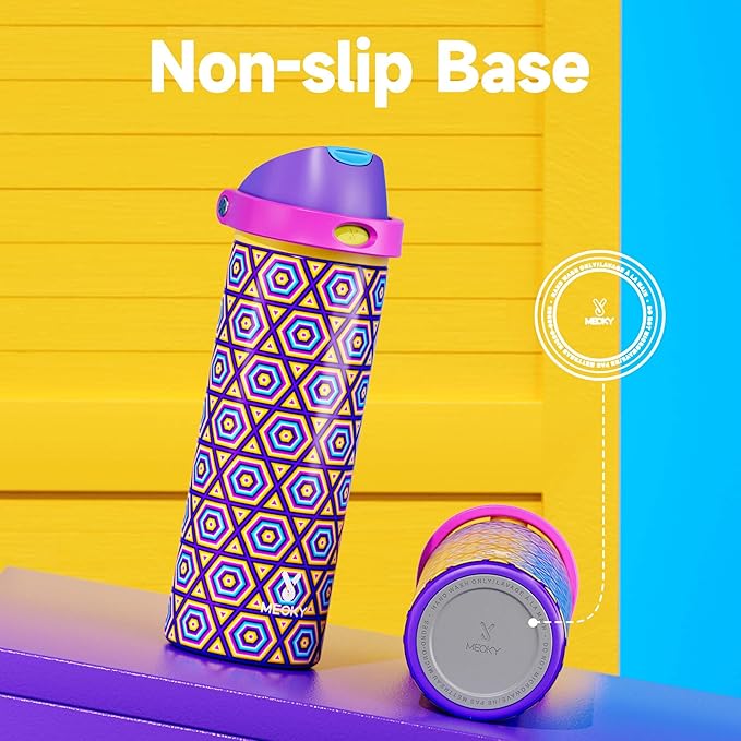 24 oz Insulated Water Bottle for Women: Meoky Stainless Steel Water Bottle with Holder and Shoulder Strap - Leak Proof, Cold for 24 Hours, Protective Silicone Base, BPA-Free for Travel Gym, Neon Beat