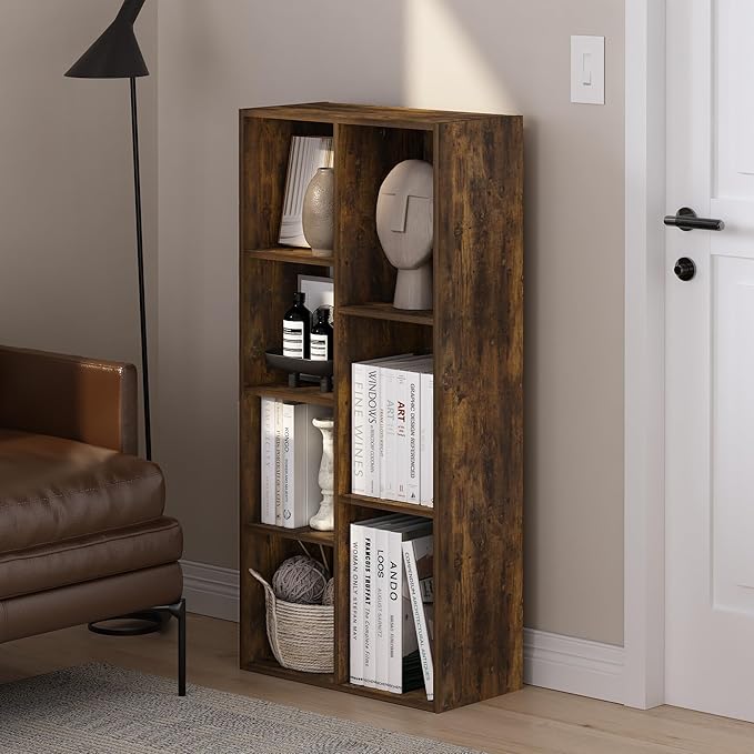 Furinno LUDER Book Shelf, 7-Cube Bookshelf, Bookcase, 9.4 x 19.5 x 41.7, for Living Room, Bedroom, Home Office, Amber Pine