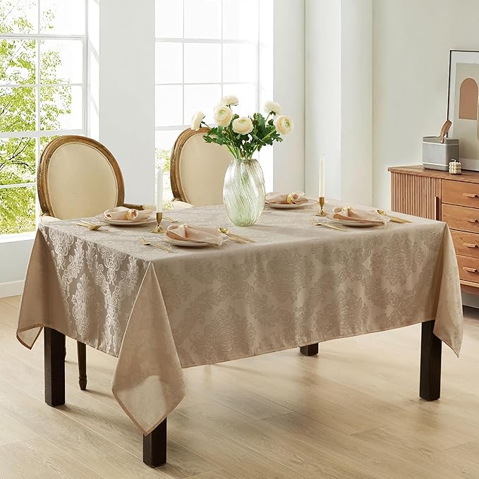 Newbridge Barcelona Luxury Damask Fabric Tablecloth, 60” Wide x 84” Rectangle, Golden Beige, 100% Polyester, No Iron, Soil Resistant Dining Room, Party and Banquet Table Cover