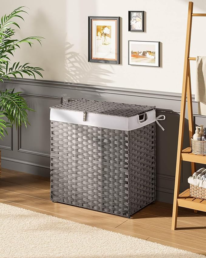 Greenstell Laundry Hamper with lid, No Install Needed, 110L Wicker Laundry Baskets Foldable 2 Removable Liner Bags, 2 Section Clothes Hamper Handwoven Rattan Laundry Basket with Handles, Gray