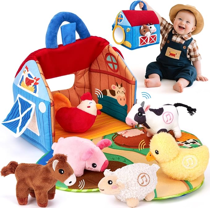 hahaland Baby Toys 6-12 Months - Surprise Barn with Stuffed Farm Animals with Real Sounds - Montessori Toys for 6 Month Old Baby Gifts Toddlers Sensory Toy 1 Year Old Boy Girl Gifts Infant Toys
