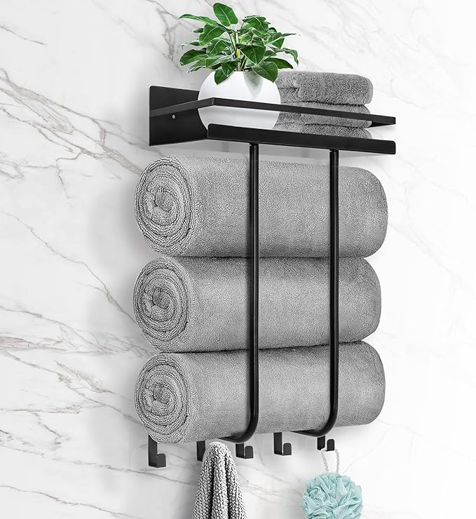 Towel Racks for Bathroom, Towel Rack Wall Mounted with Metal Shelf and 5 Hooks for Small Bathroom, Towel Holder for Bathroom, Bath Towel Storage for Rolled Towels Organizer, Black