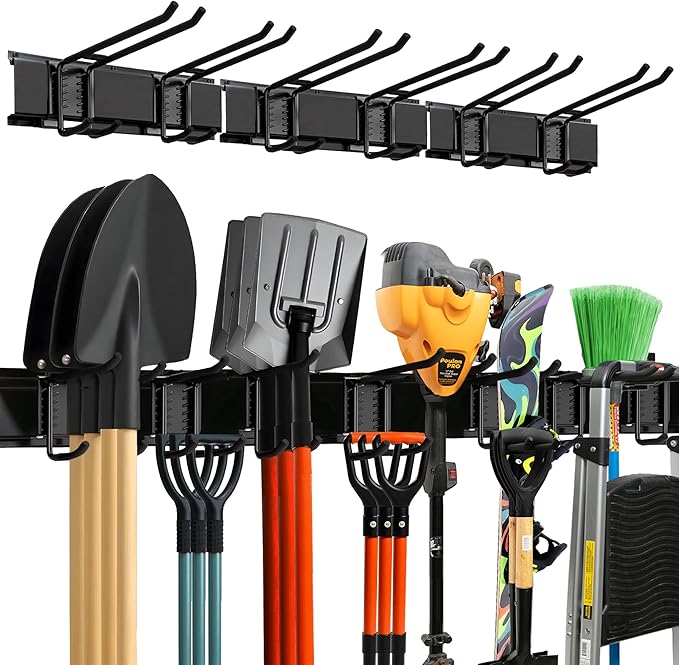 TIDYME Garage Wall Organizer | 48" Heavy-Duty Tool Storage Rack | Adjustable Double-Layer Hooks | 300 lbs Capacity | Carbon Steel Wall Mount Holder for Shovels, Rakes, Ladders & Power Tools