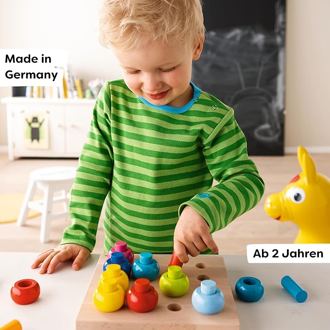 HABA Rainbow Whirls Wooden Sorting & Stacking Rings Shape Sorter, Educational Toys for 2 Year Old & Up, Color Sorting Fine Motor Toys, Made in Germany